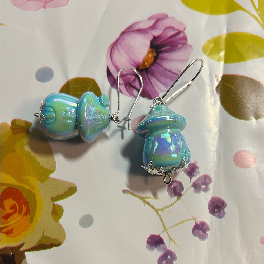 Iridescent Aqua Mushroom Glass Drop Earrings